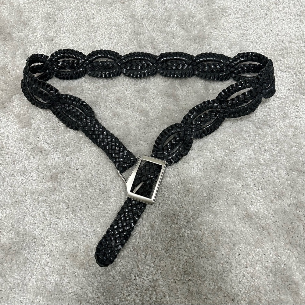 Tommy Bahama Black Leather Woven Belt with Asymmetrical Silver Tone Buckle